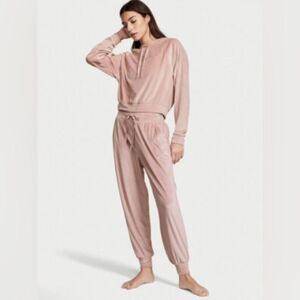 Victoria's Secret XS TRACKSUIT SET Hoodie+jogger pants beige MAUVE VELOUR ribbed